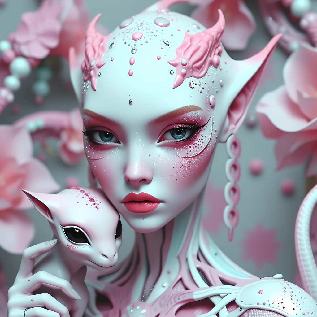 aliencore, pastel woman alien with a pastel alien animal