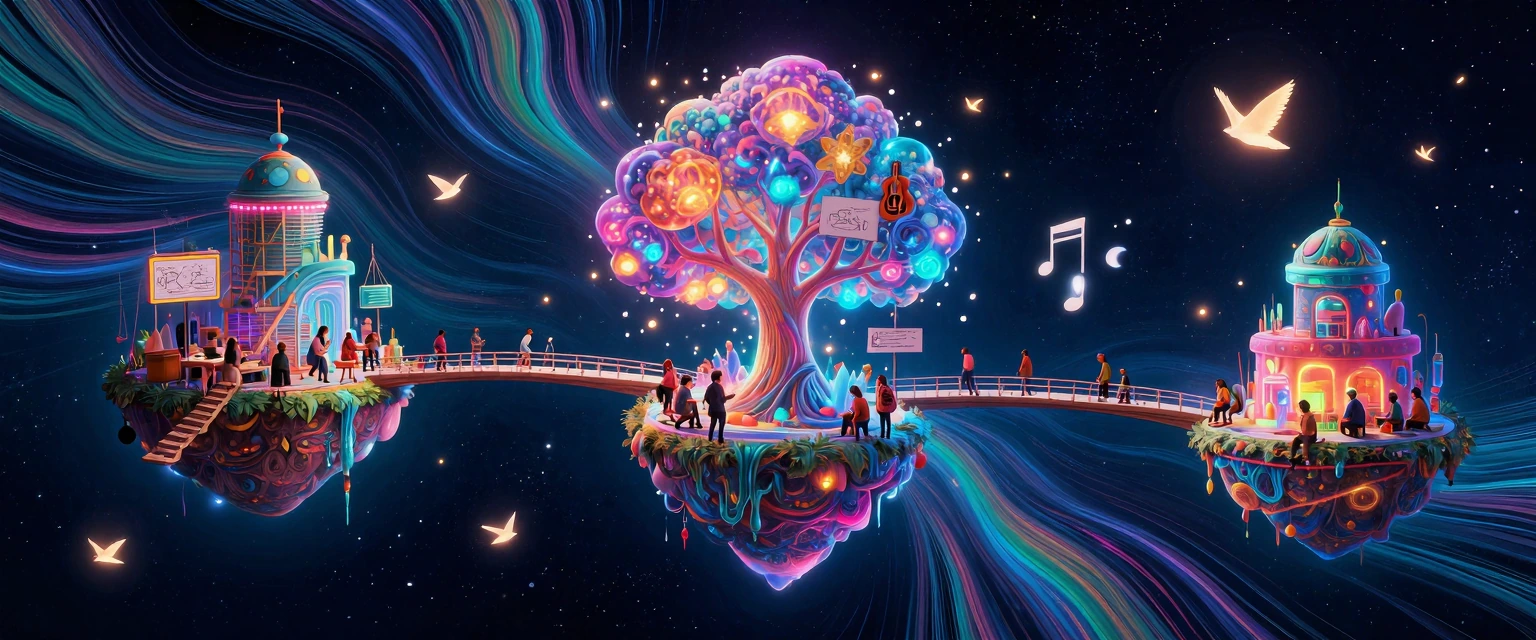 A surreal creative workshop floating in the cosmos: artists collaborating on islands suspended in starfield, connected by massive paintbrush bridges. Musical notes transform into luminous birds. Liquid imagination flows as rivers of stardust between