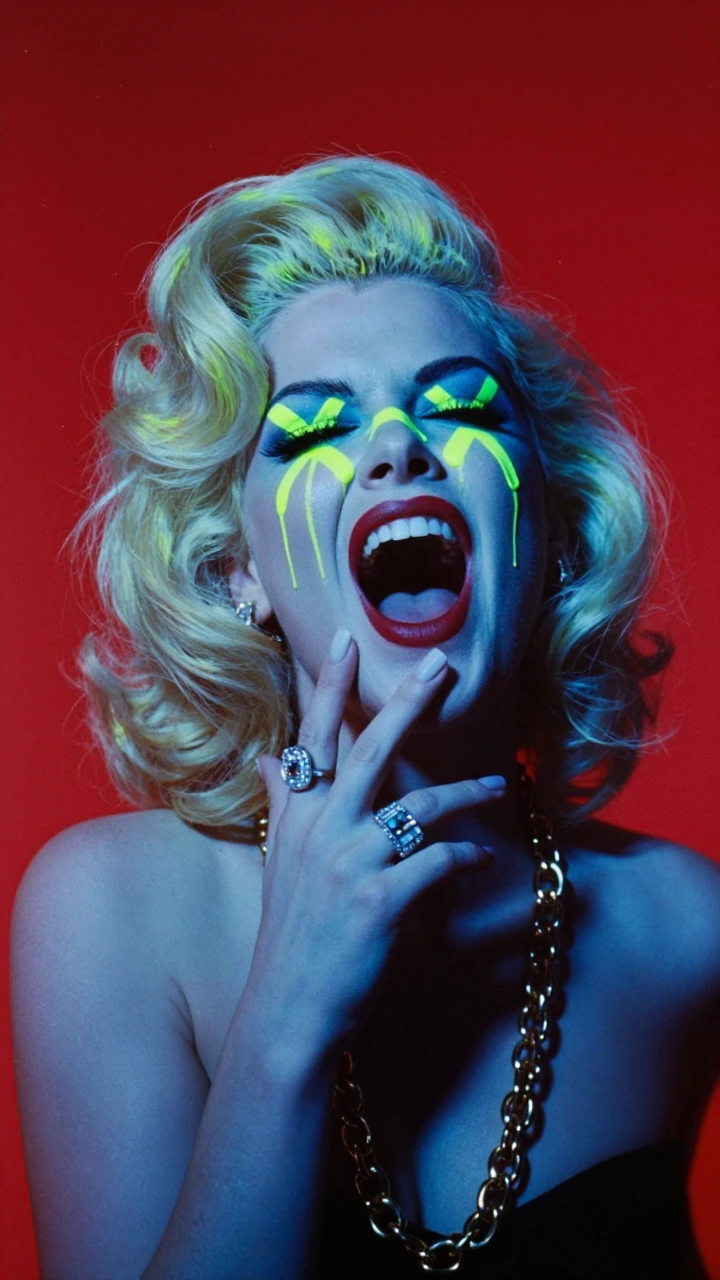 a glamorous platinum blonde woman with vintage old Hollywood finger-wave hair screaming with mouth wide open, head tilted back, face bathed in a harsh dual-tone color gel treatment of deep cobalt blue shadow and acid green neon highlight, bold neon y