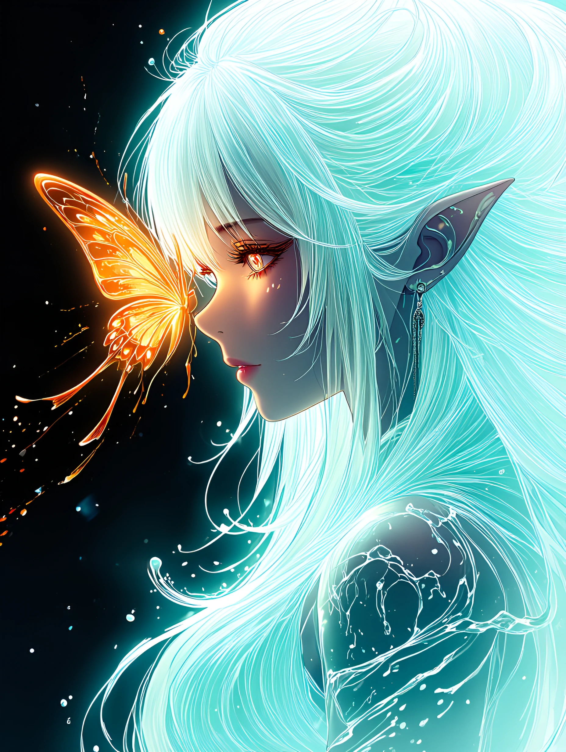 Ethereal anime-style illustration of a pale androgynous dark elf with very long flowing white hair, tilted head in profile view, sharp refined jawline and delicate features, subtle enigmatic smirk, piercing glowing crimson red eyes with sharp eyeline