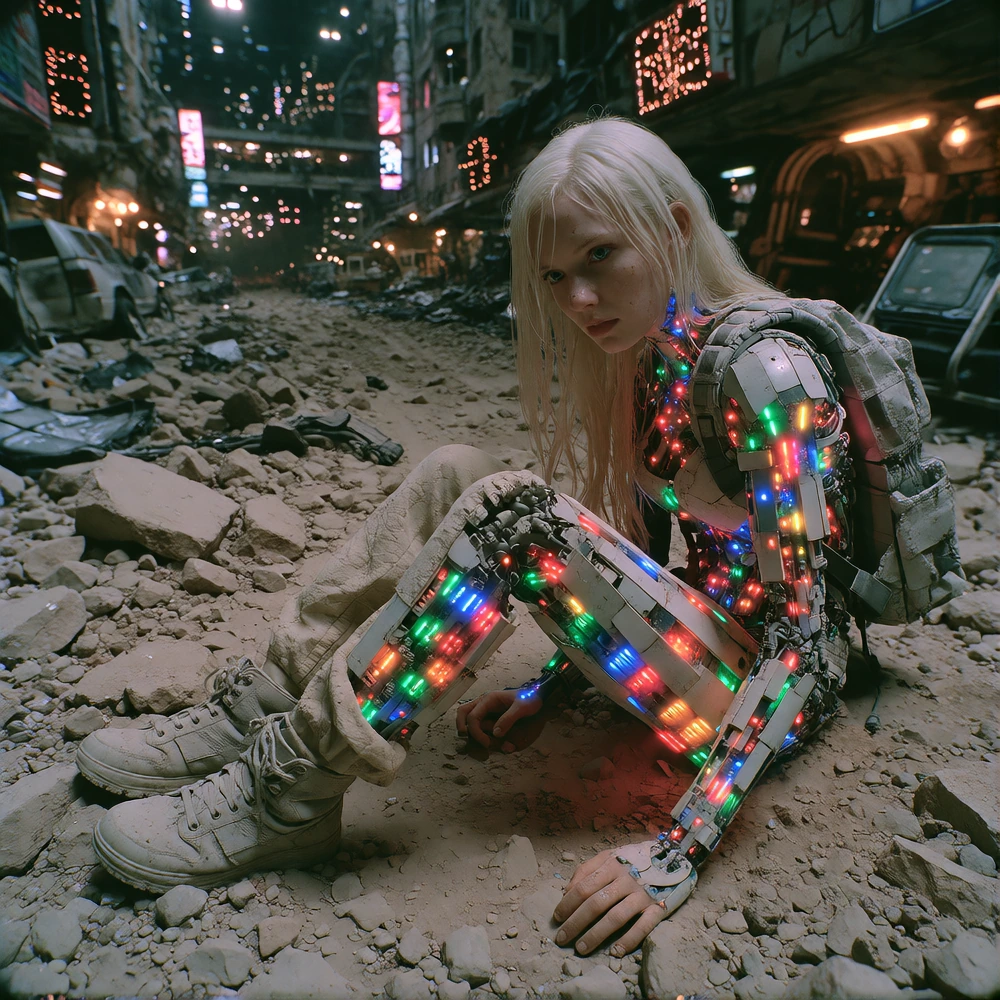 cinematic full photo of a white young woman sitting and looking at a dusty sci city, her skin is made of matte worn rough:15 surfaced transparent plas