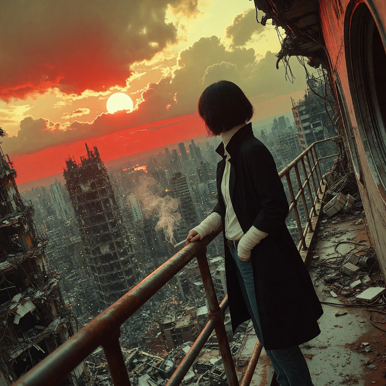 masterpiece, absurdres,realistic background, unrealistic person, city ruins, post-apocalypse, setting sun, red sky, yellow dirty clouds, sun through clouds, beautiful, scenic, atmospheric, contrasting lighting, 4k, BREAK solo, 1girl, black coat, whit