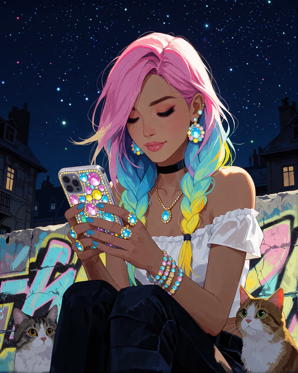 Nighttime starry sky, beautiful woman, pink aqua yellow blue ombre hair, holding a smart phone that is bejeweled with beautiful pink, aqua, yellow, and light blue. She is with a cat. Beautiful pastel graffiti behind her.