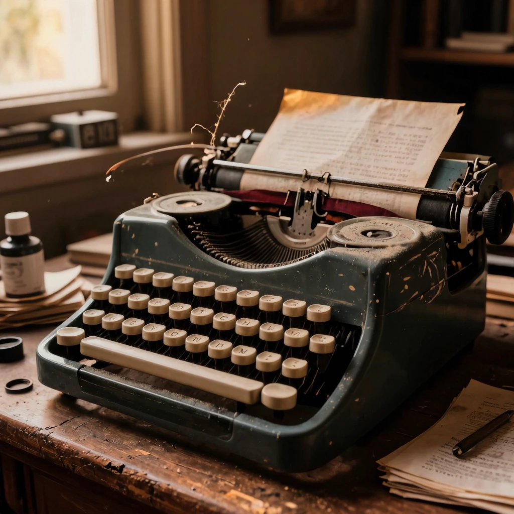 Capture a dust-covered manual typewriter sitting abandoned on a warped wooden desk in a dim attic, golden afternoon light cutting through a single grimy window and raking across the ivory keys. Cobwebs drape delicately between the carriage return lev