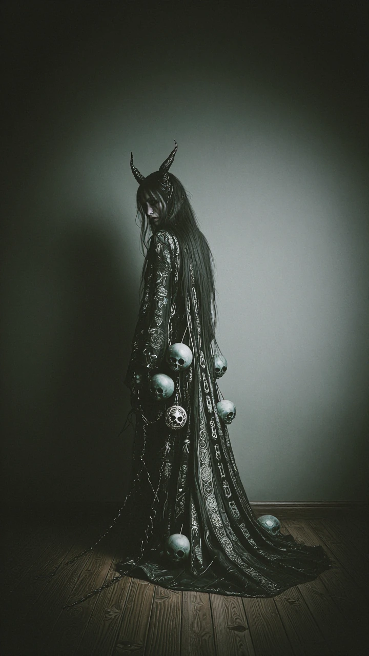 a digital illustration in a dark, gothic style, it depicts a female figure with a distinct, ominous appearance, she has a pale complexion and dark, ominous hair that cascades down her back, her eyes are almond-shaped and piercing, giving her an almos