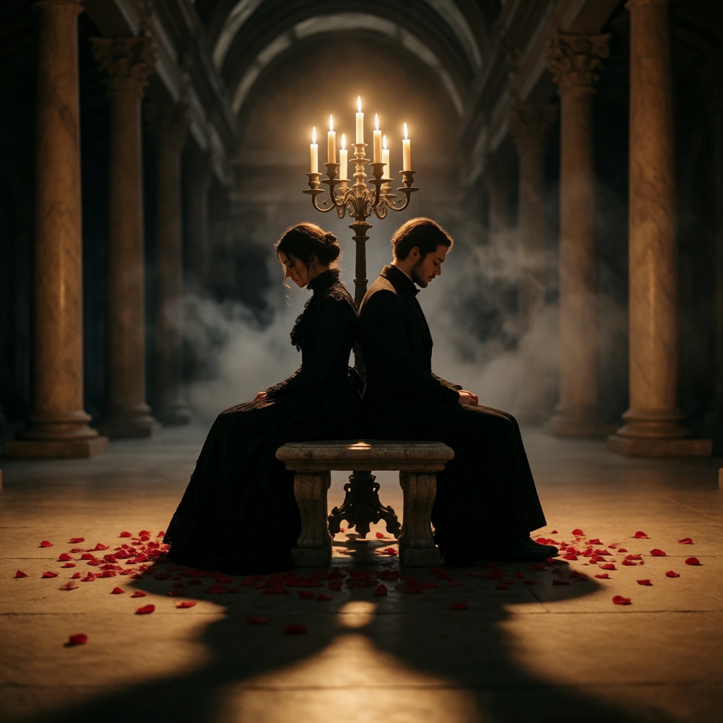 A dark gothic Victorian couple in black sit back-to-back on weathered stone, profiles downturned, lit solely by seven flames in an ornate iron candelabra behind them casting long shadows across the floor. Crimson petals scatter at their feet. A vault
