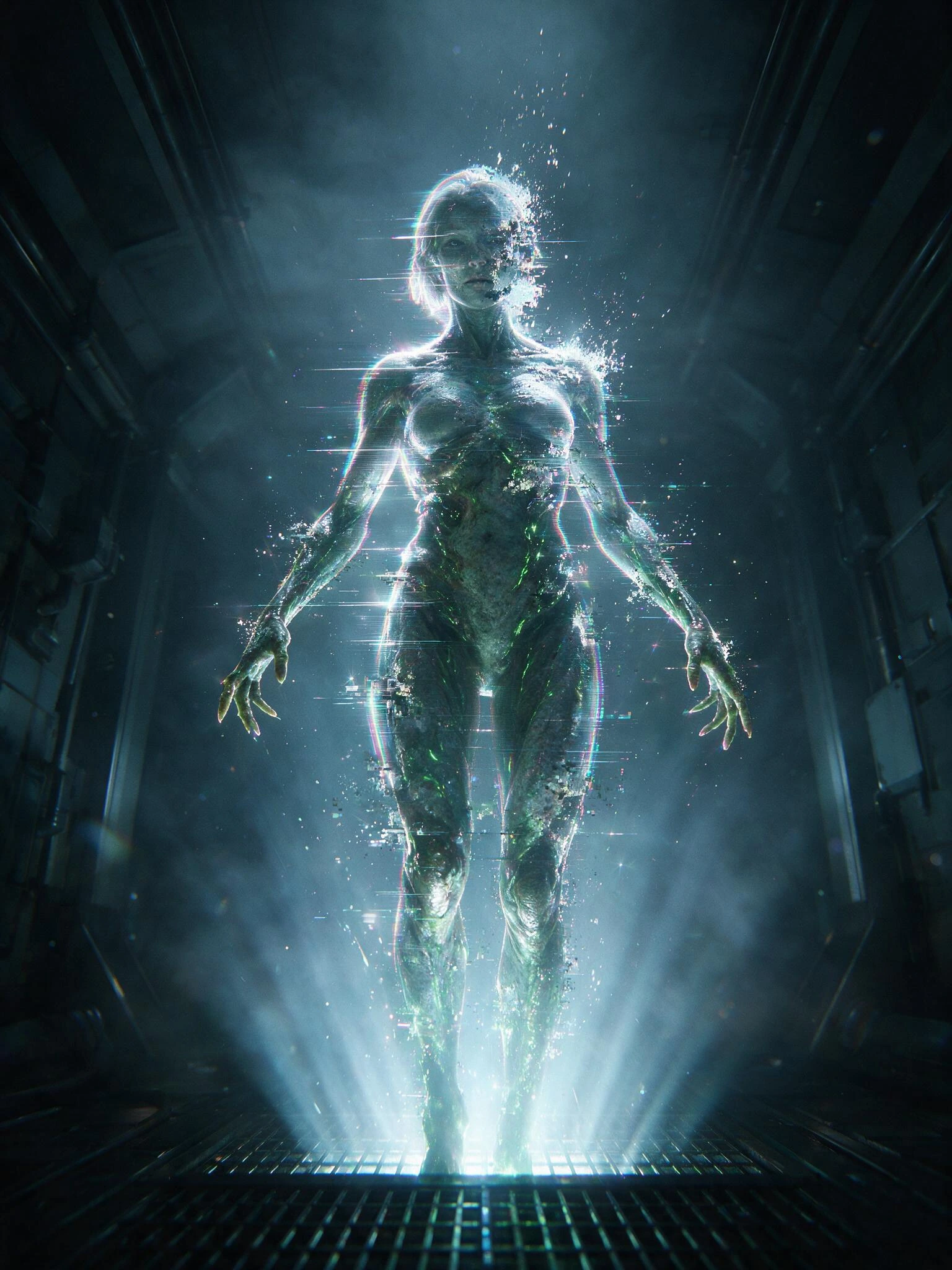 Capture a woman's human form destabilizing mid-transformation, her holographic silhouette flickering between projected humanity and the alien truth beneath, shot from an extreme low angle with a wide lens that stretches her towering figure toward the