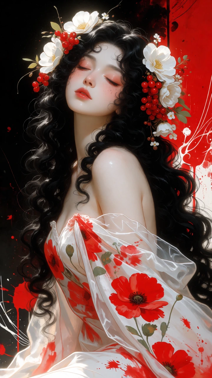 Stunning digital painting of a beautiful woman with pale porcelain skin and subtle rosy blush, eyes gently closed, head tilted back in a serene pose. She has long, voluminous, flowing jet-black curly hair cascading over her shoulders and back. An ela