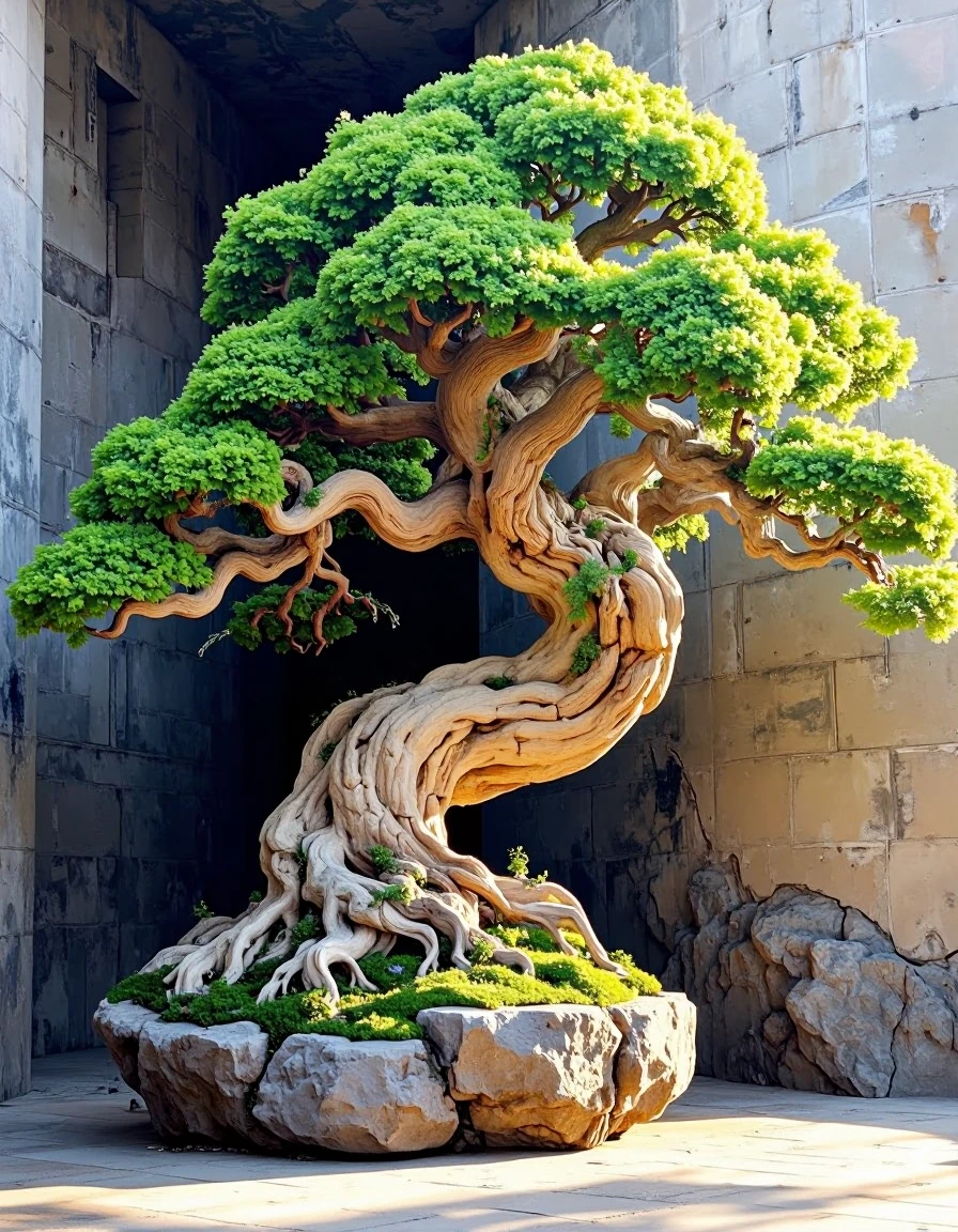 A colossally thick-trunked monumental miniature ancient bonsai with a monumental cascading silhouette, its heavy muscular structure of twisted alabaster deadwood bracing on a raw basalt rock base in a dark architectural void, portraying a NeRF-like 3