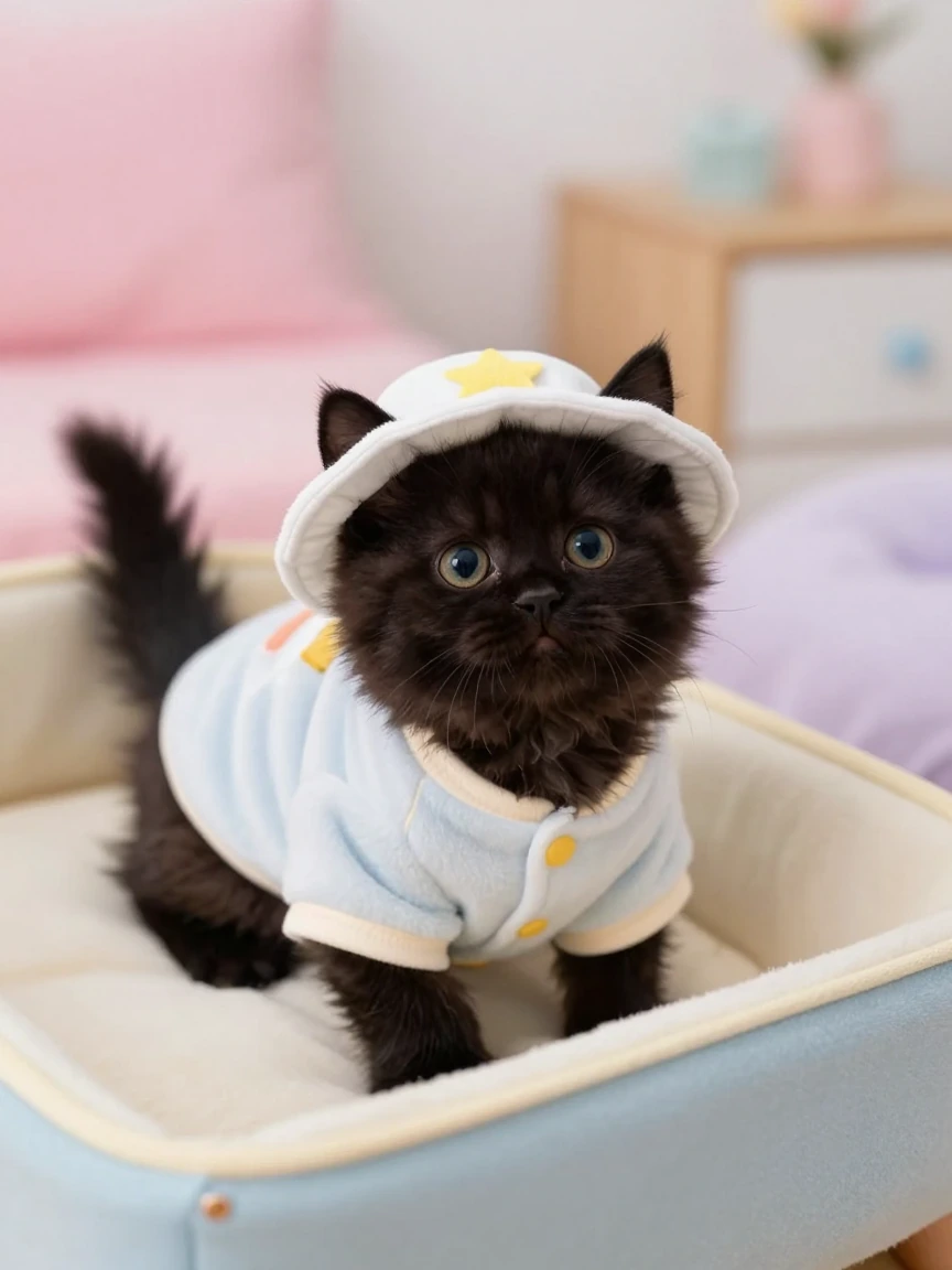 Amateur photograph of the cutest fluffiest black kitten, wearing a little nighttime hat and onesie, looking at you from its little kitten bed, pastel bedroom colors, realistic