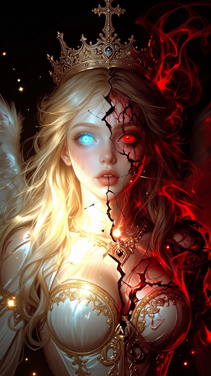 ​A dramatic, high-resolution first-person perspective portrait of a beautiful, cracked-porcelain angel undergoing a violent, internal corruption. She wears an intricate, filigreed silver and gold crown adorned with small, elegant angelic wings. Her f