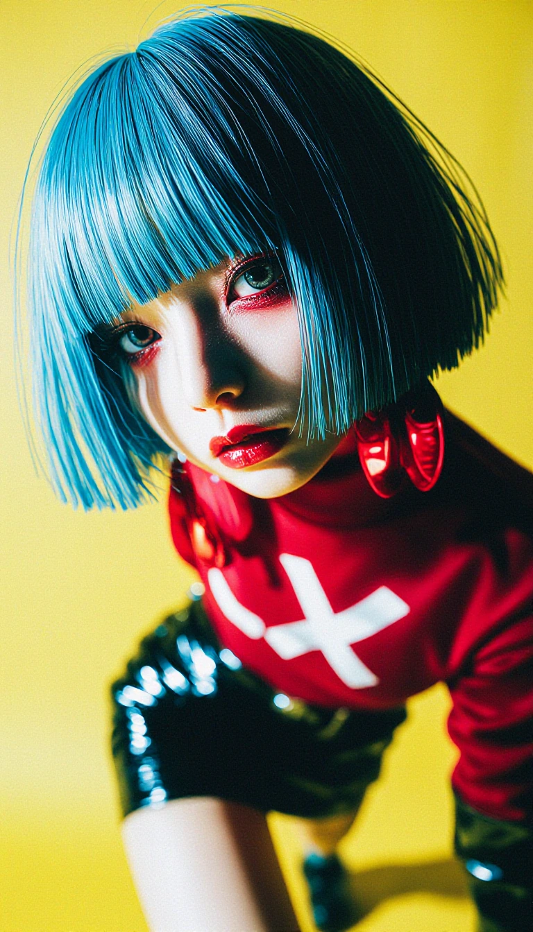 anime girl with split-tone hair ice blue and jet black, blunt geometric bangs with individual strand definition, sharp red lipstick with glossy sheen, metallic red eyeshadow with micro-texture detail, bold red ornamental earring with light refraction