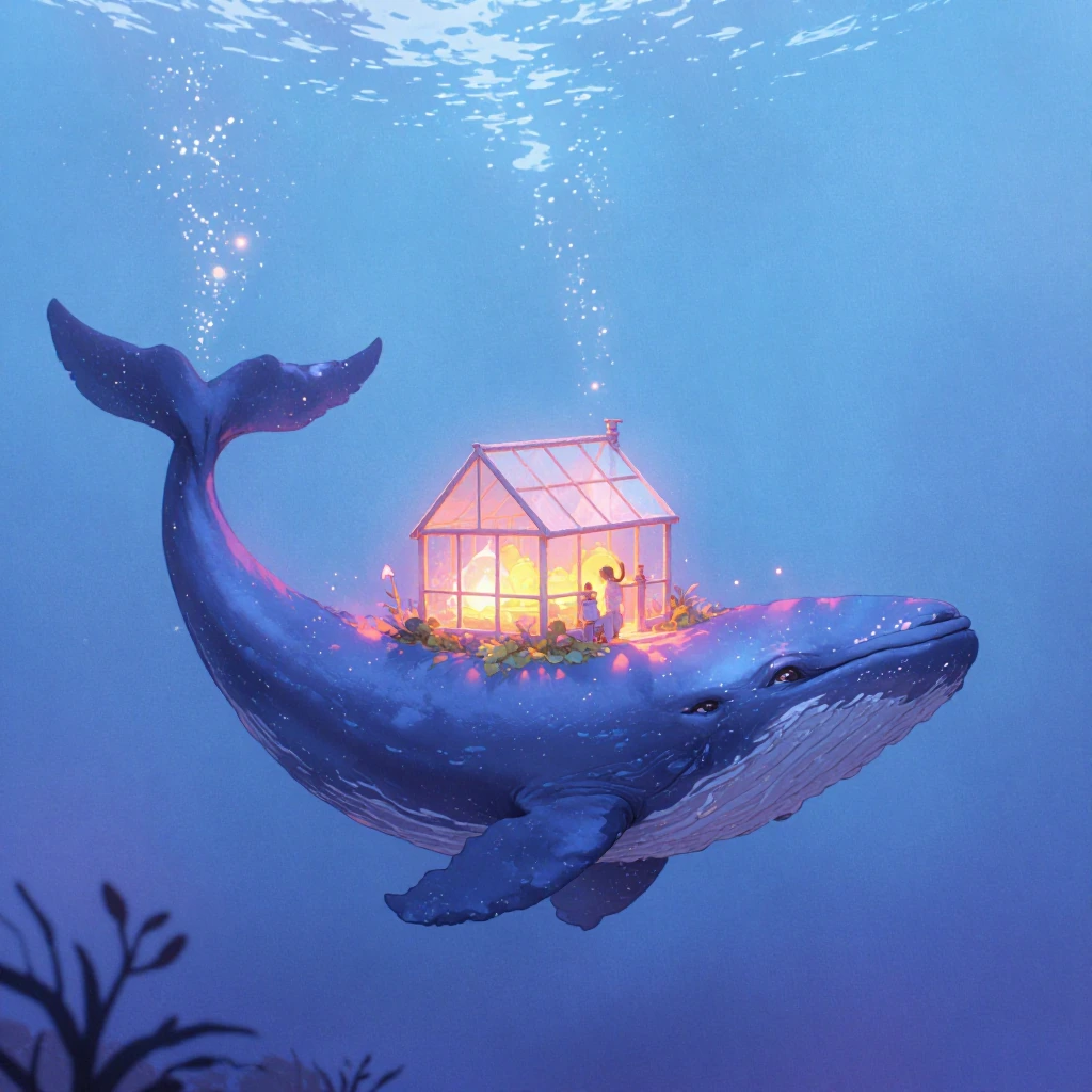 A tiny little lit up greenhouse on the back of a huge whale, illustration cute style