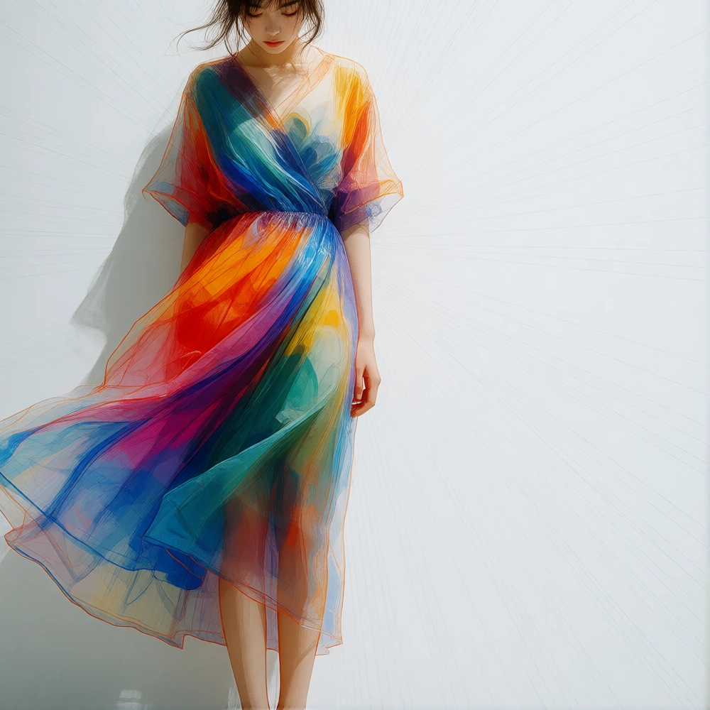 A single young woman standing against a stark white wall,wearing a flowing dress. Modern digital illustration with expressive fluid linework and layered color application,blending contemporary anime aesthetics with handdrawn texture emulation. Highly