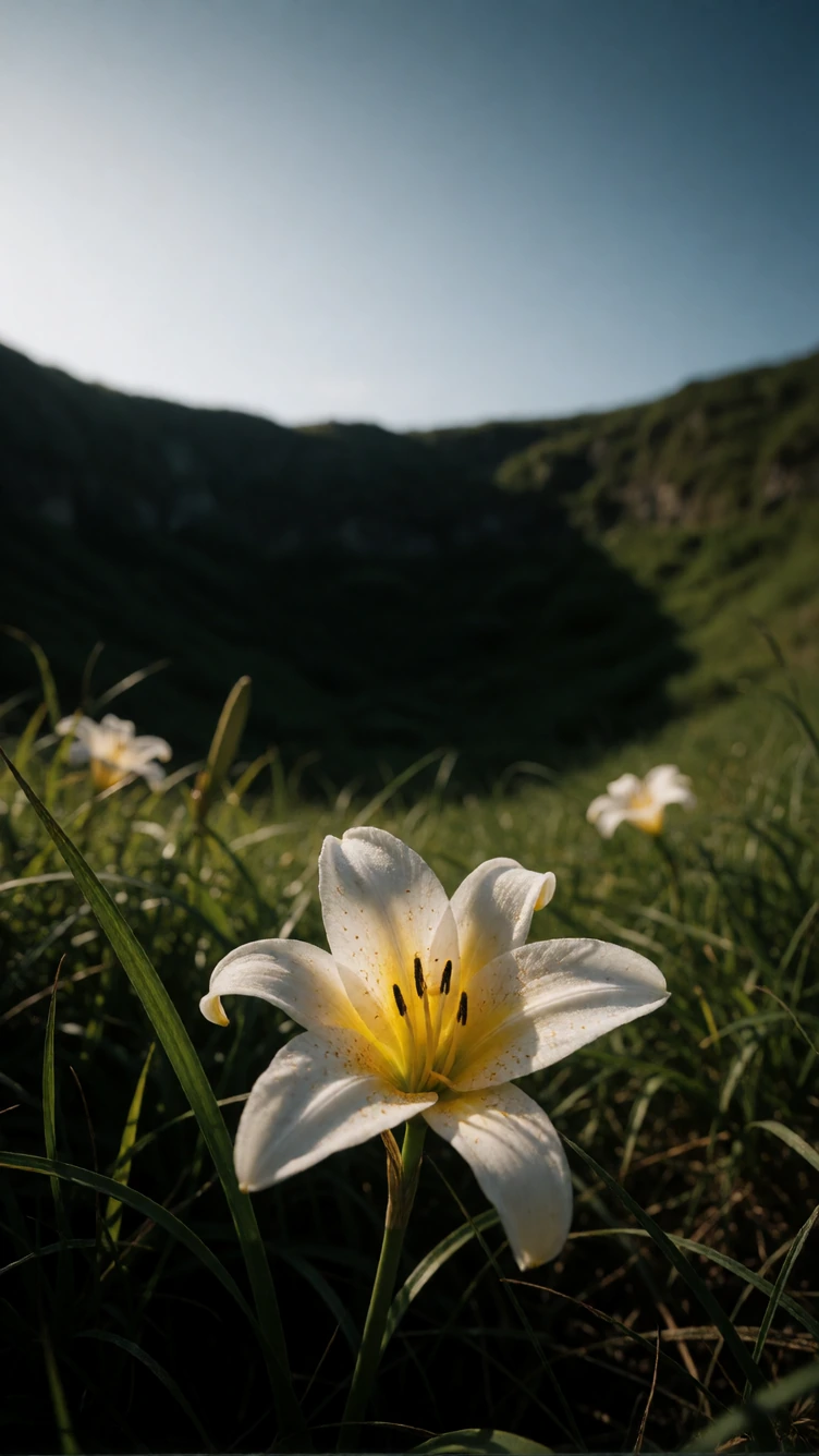 A very lonely day lily. Dramatic scene and background, dramatic lighting, in the bottom of a grassy crator