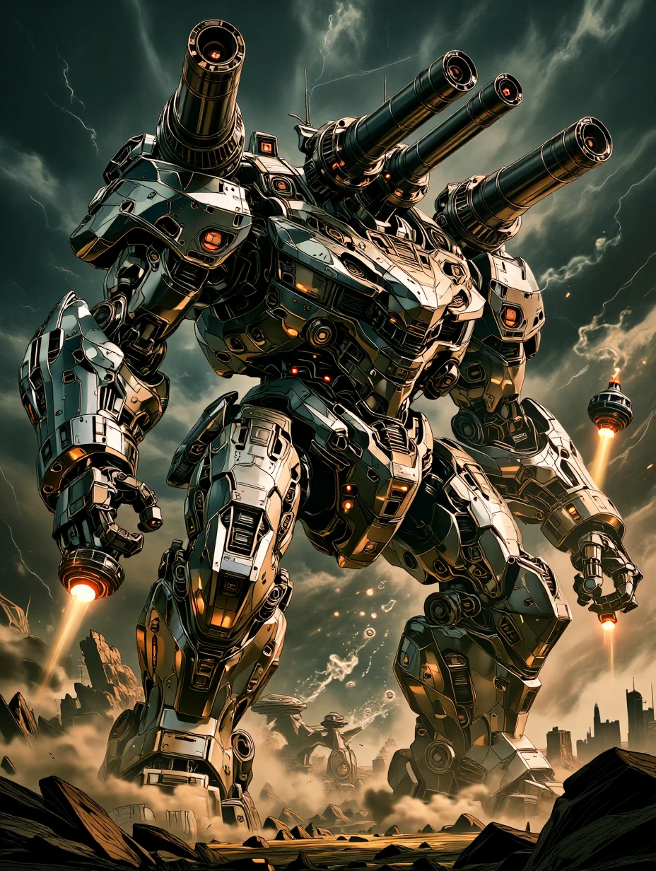 The colossal Earth Strider, a towering 140-meter (459-foot) mechanical marvel, stands firm on a rugged battlefield. Its rectangular frame is supported by four robust, heavily armoured legs extending from each corner, elevating its trapezoidal body hi