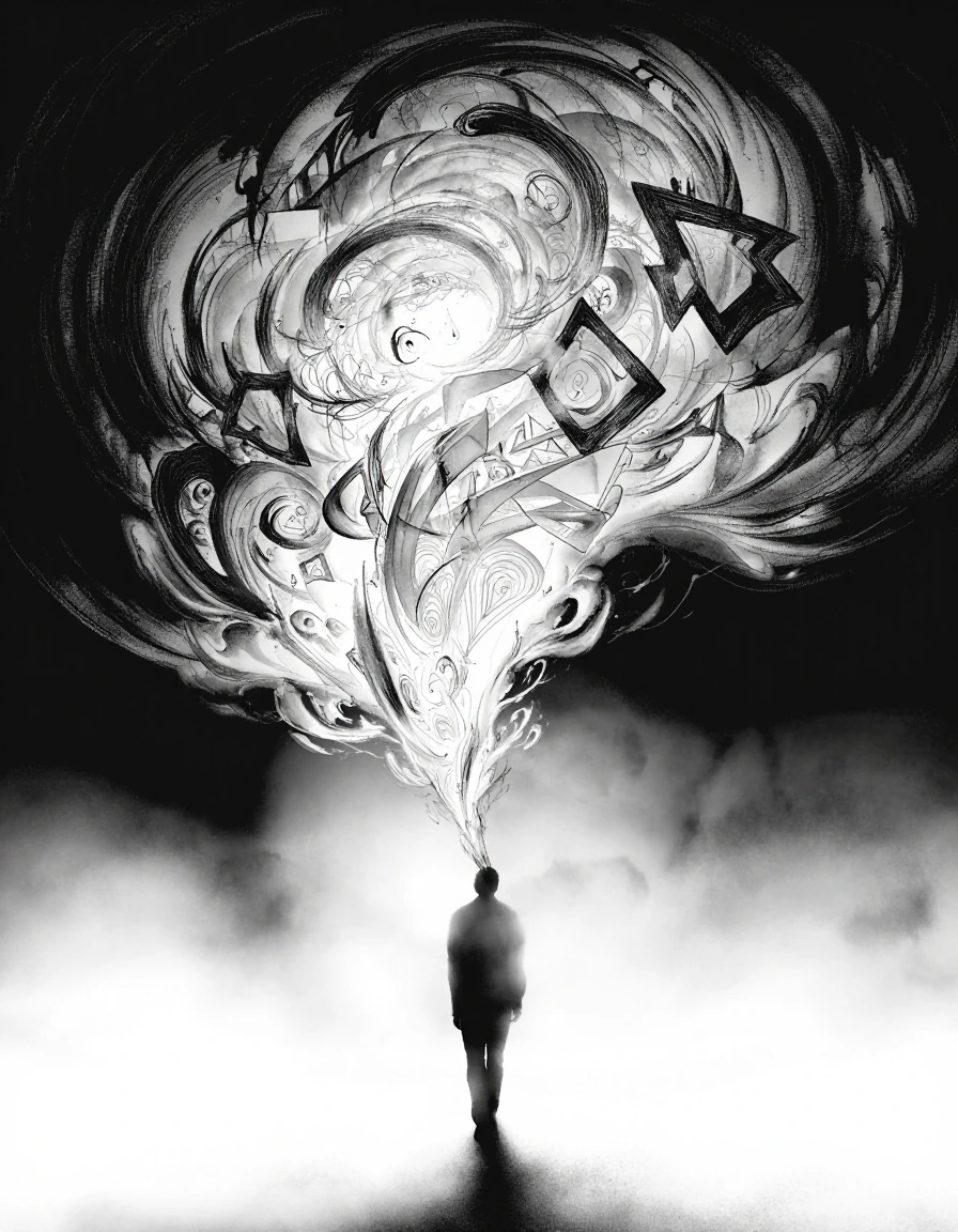 Create a surreal, abstract scene of a lone man wandering through a vast, mist‑shrouded abyss. The environment should feel infinite, empty, and disorie