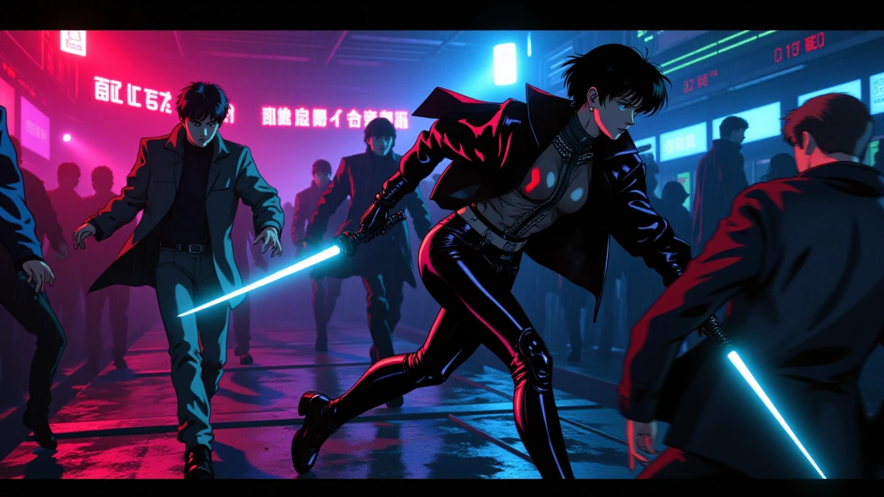 Dynamic medium shot in classic 1990s anime style, Ghost in the Shell (1995) aesthetic: a cybernetic female assassin with short dark hair slicing through a crowded nightclub with a glowing energy blade, body twisting mid-motion as she throws an oppone