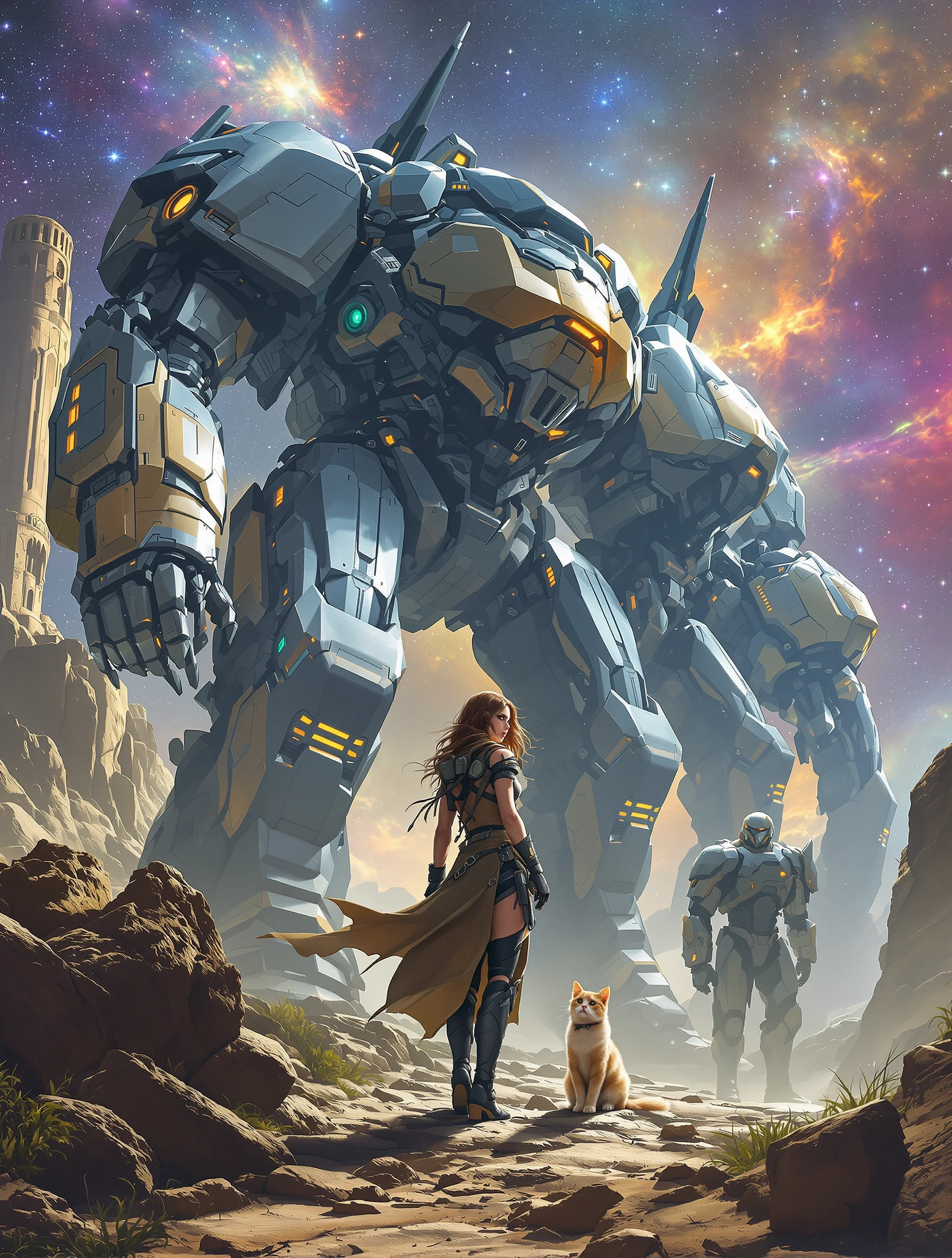 Huge battle tech bots behind a woman warrior and her cat. Otherworldly scenery, brilliant galaxy sky.