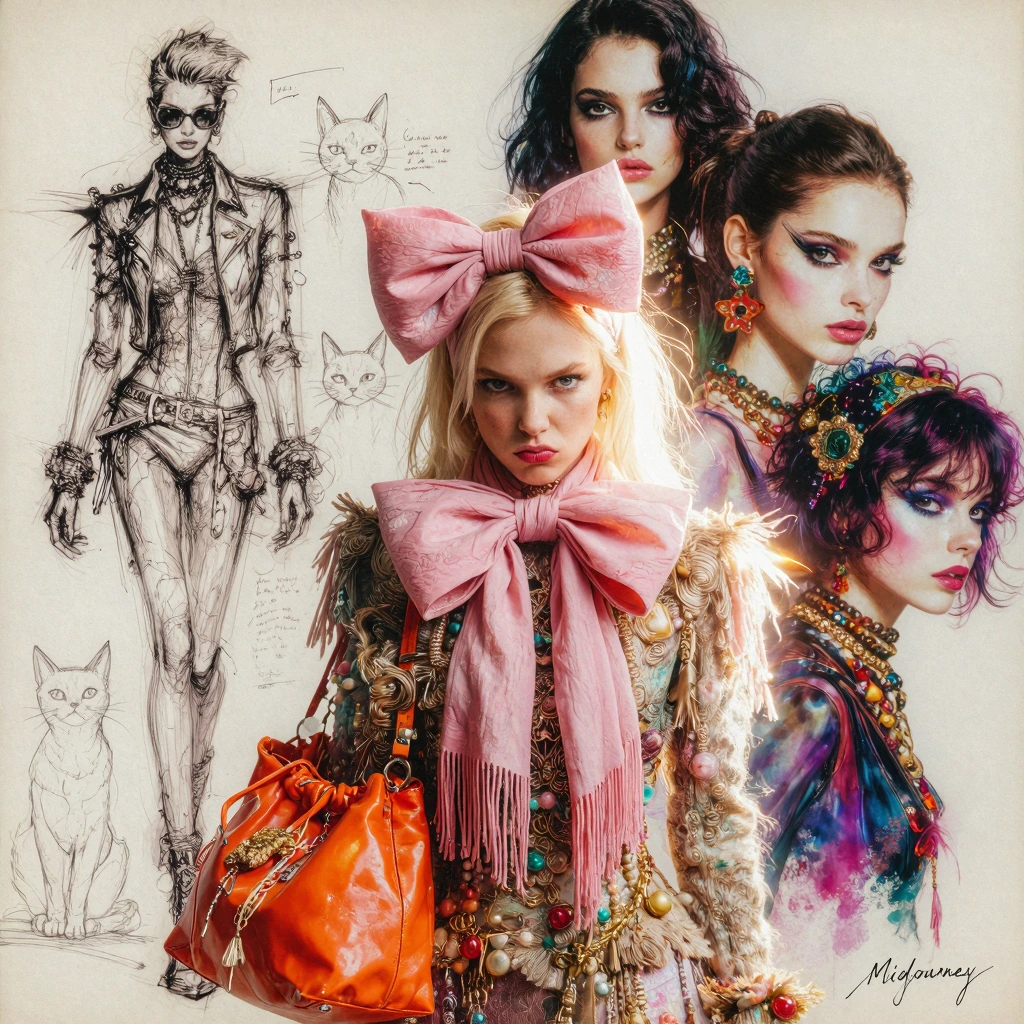 An intricate fashion sketch illustration of a group of characters on cream paper. Central blonde woman pouting, wearing a large pink bow, layered fringe scarf, and an orange bag. Behind her, two women with dark hair and dramatic makeup. Left side: a