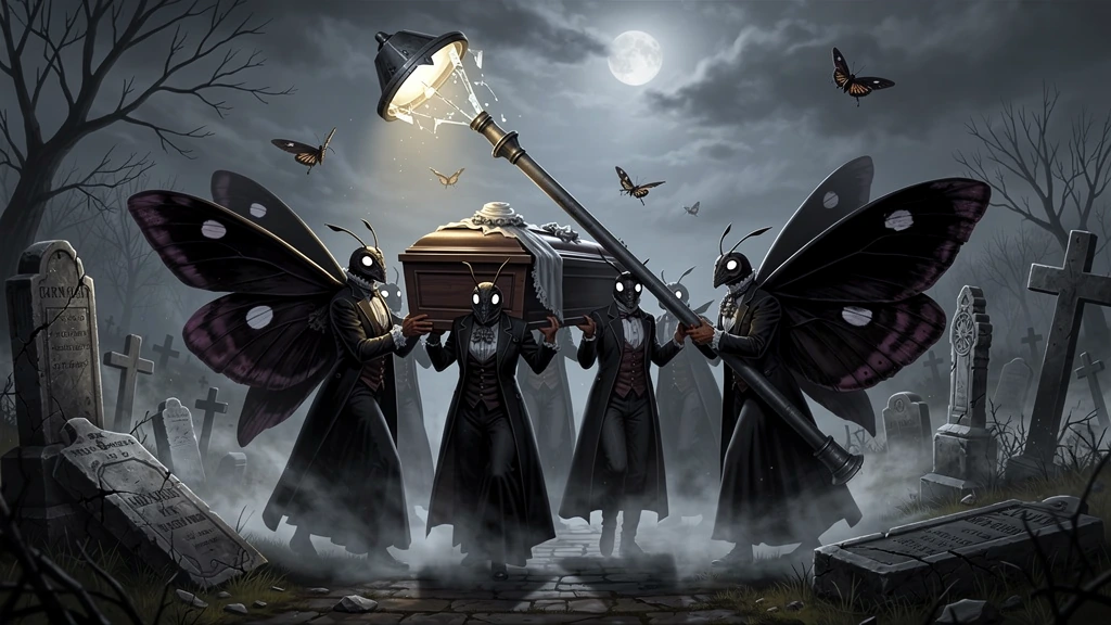 moths holding a funeral for a streetlight; Black Andromorphic Moths in mourning for a broken streetlight they are carrying like a coffin in a graveyard.