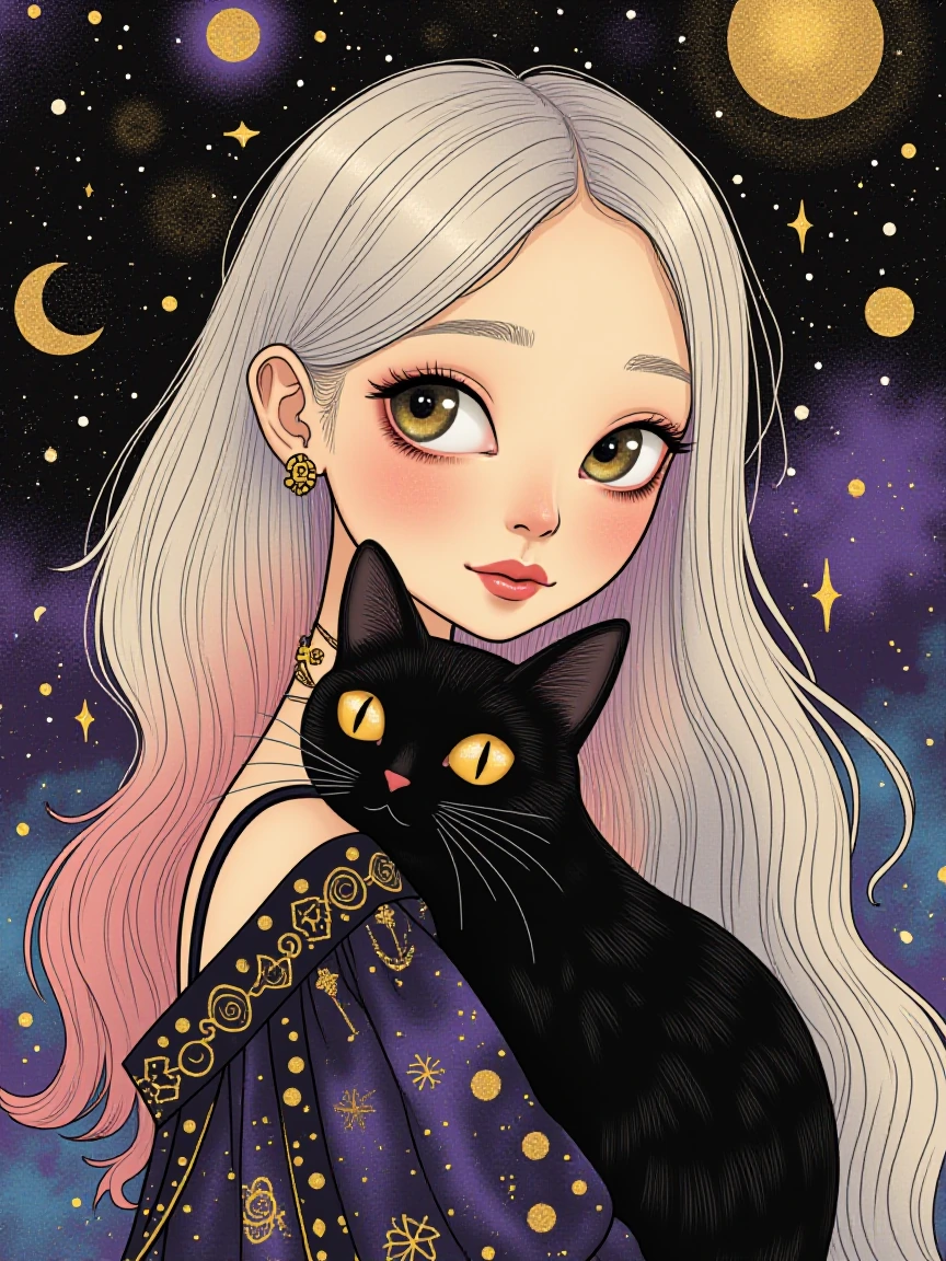 illustration of a woman with long white hair fading to soft pink at the tips, looking over her shoulder with a gentle, contemplative expression. a sleek black cat nestled against her shoulder with golden eyes. background is a beautiful illustrated de