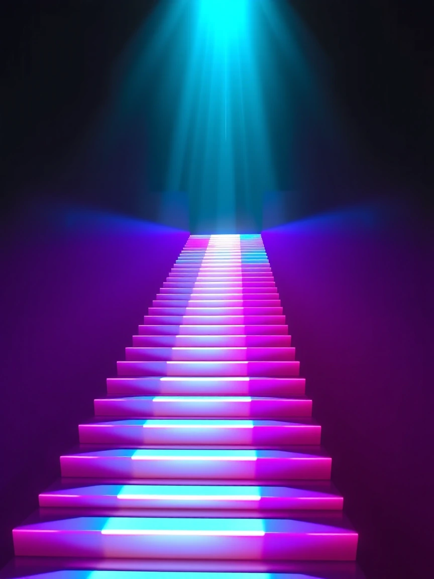 Abstract neon staircase ascending into infinite darkness—sharp geometric steps in electric cyan, magenta, and violet bleeding upward through black void. Each step a glowing line that dissolves at its edge, creating depth through light and shadow rath
