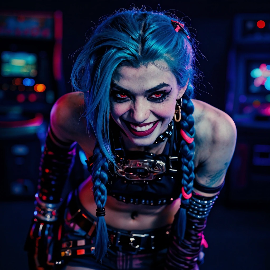 portrait of Jinx, electric blue pigtail braids with vibrant neon accents, mischievous grin, pale complexion with heavy dark eye makeup and red-rimmed eyes, punk gamer aesthetic, wearing edgy tech-inspired outfit with metallic details, dynamic energet