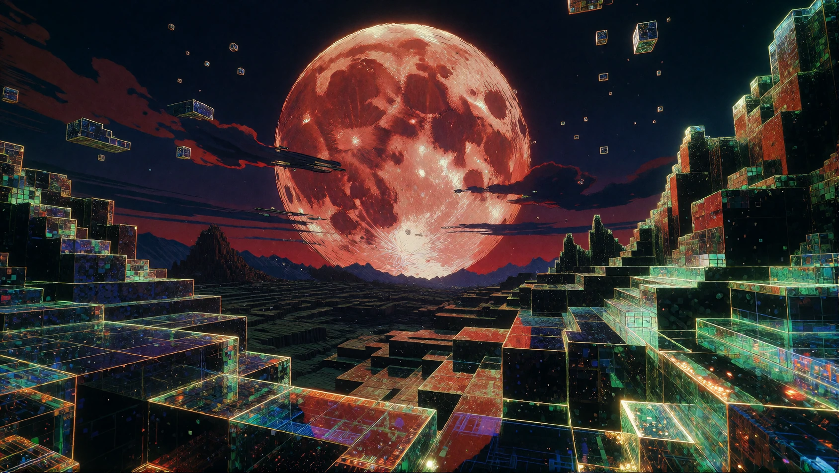 16:9 keyframe, high-grade dreamscape illustration mixed with raw hand-drawn animation and hyperreal geometric form, bold imperfect black lines, avant-garde style locked 1:1 to the provided Neon Voxel Glitch aesthetic --sref 2684004529 Theme: “twiligh