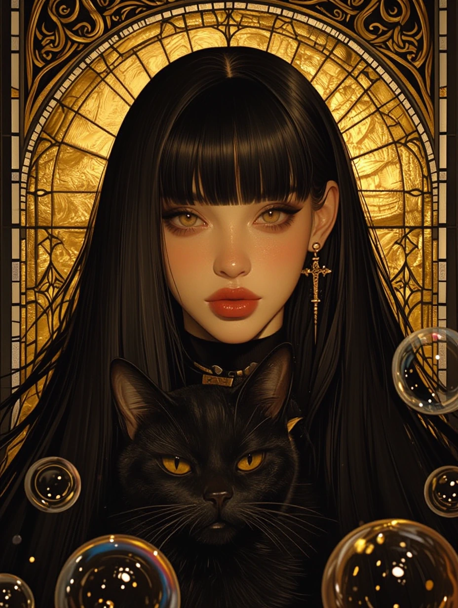 Beautiful woman with long straight black hair and black bangs, a cat near her, she is surrounded by colorful bubbles, beautiful mesmerizing artwork in stained glass style, gold and black tones, dramatic lighting, airbrushed Matte style