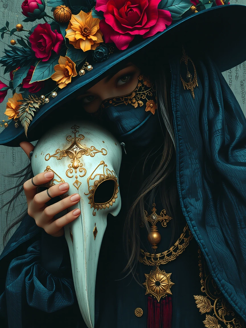 Beautiful plague doctor woman. She’s holding her plague mask