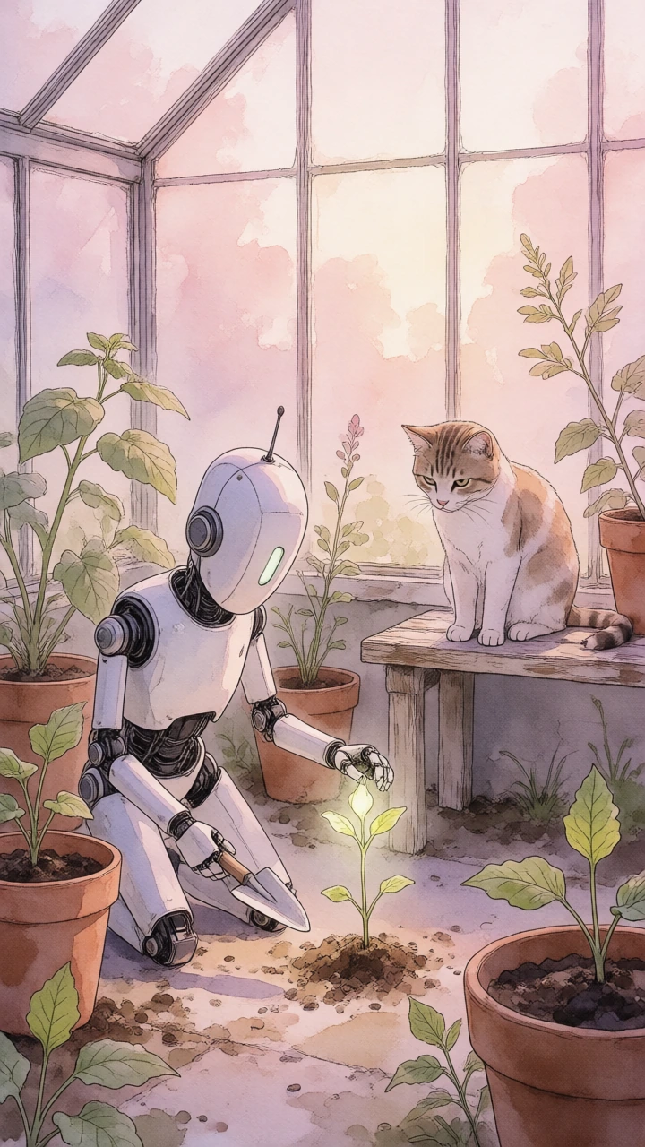 A gorgeous artsy mixed media scene of a gentle robot learning to garden in a lush little greenhouse, kneeling awkwardly beside terracotta pots and young plants, one hand holding a tiny trowel and the other carefully touching a sprout. A curious cat s