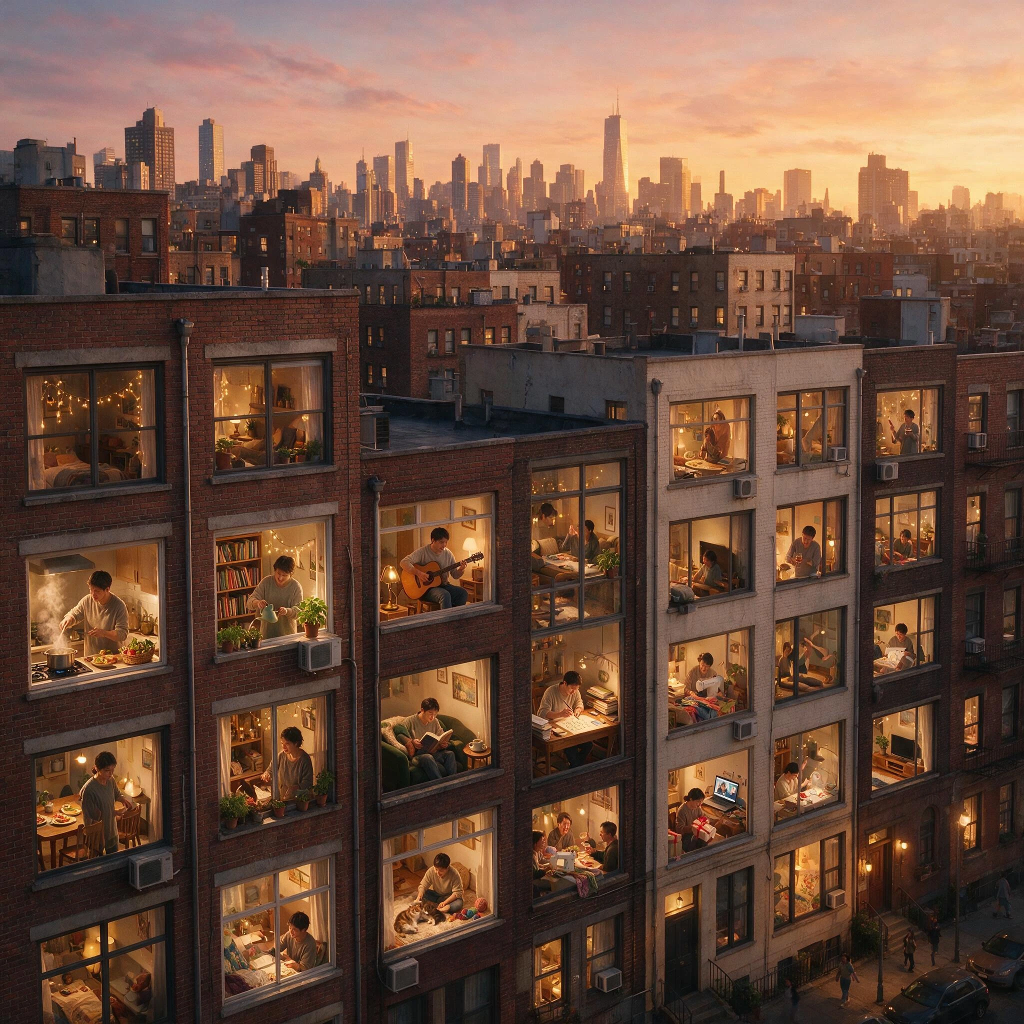 Every Window Shows the Same Person A city skyline at dusk. Thousands of apartment windows. Different homes. Different furniture. Different lives. Yet one identical person appears in every single window, doing something different.