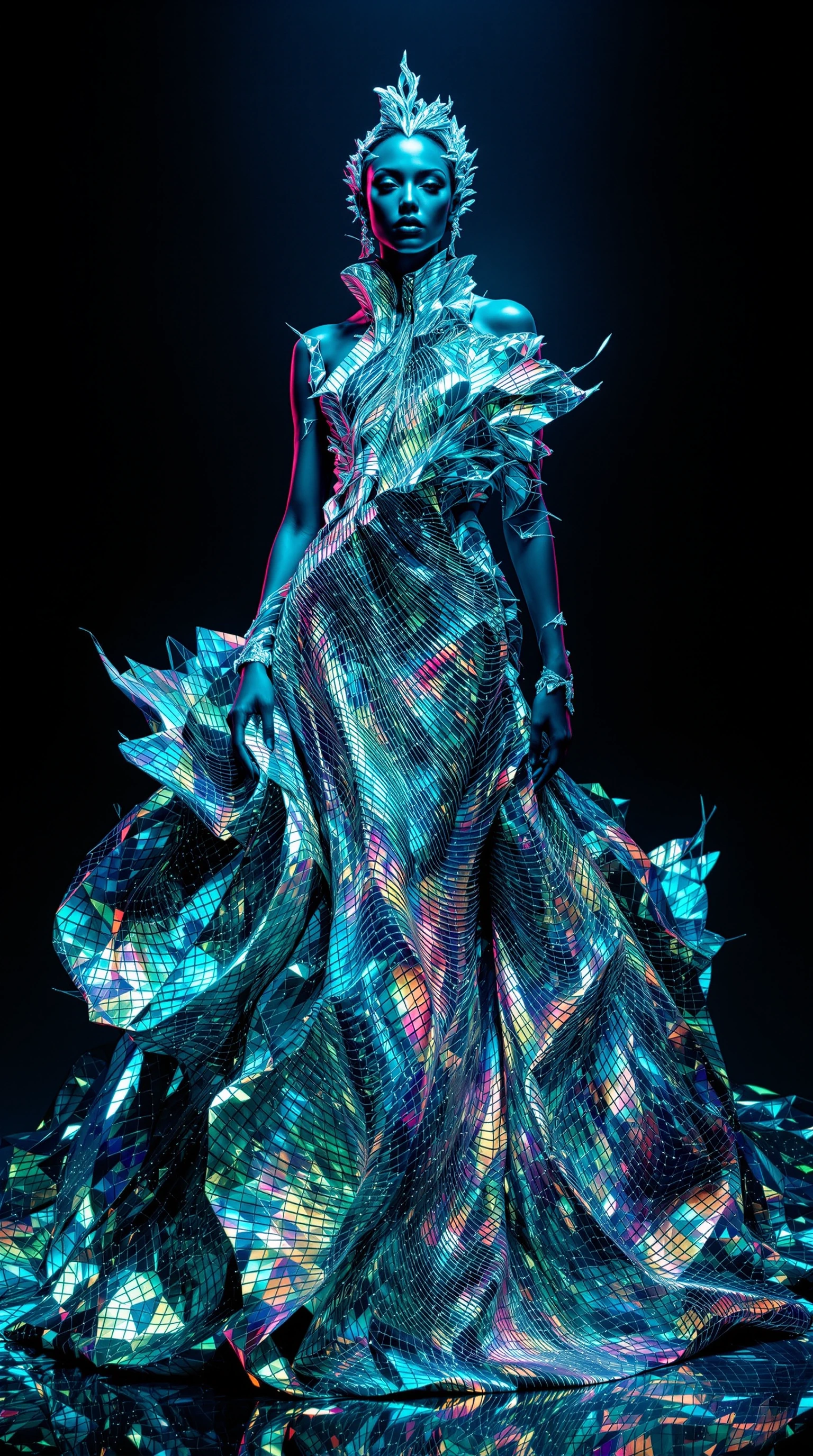 A macro-photographic, hyper-maximalist visualization of high-fashion royalty, functioning as a visual manifestation of thin-film interference and chaotic geometric optics. The core subject is an imposing, avant-garde queen draped in a monolithic, zer