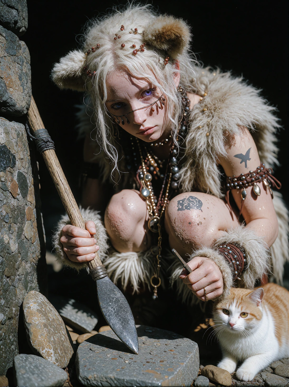 Beautiful cavemen setting -- beautiful woman lavender eyes using stone tools. fur boots. Add a cat. Comfortcore, dinosaur pet. realistic manga photo kodak