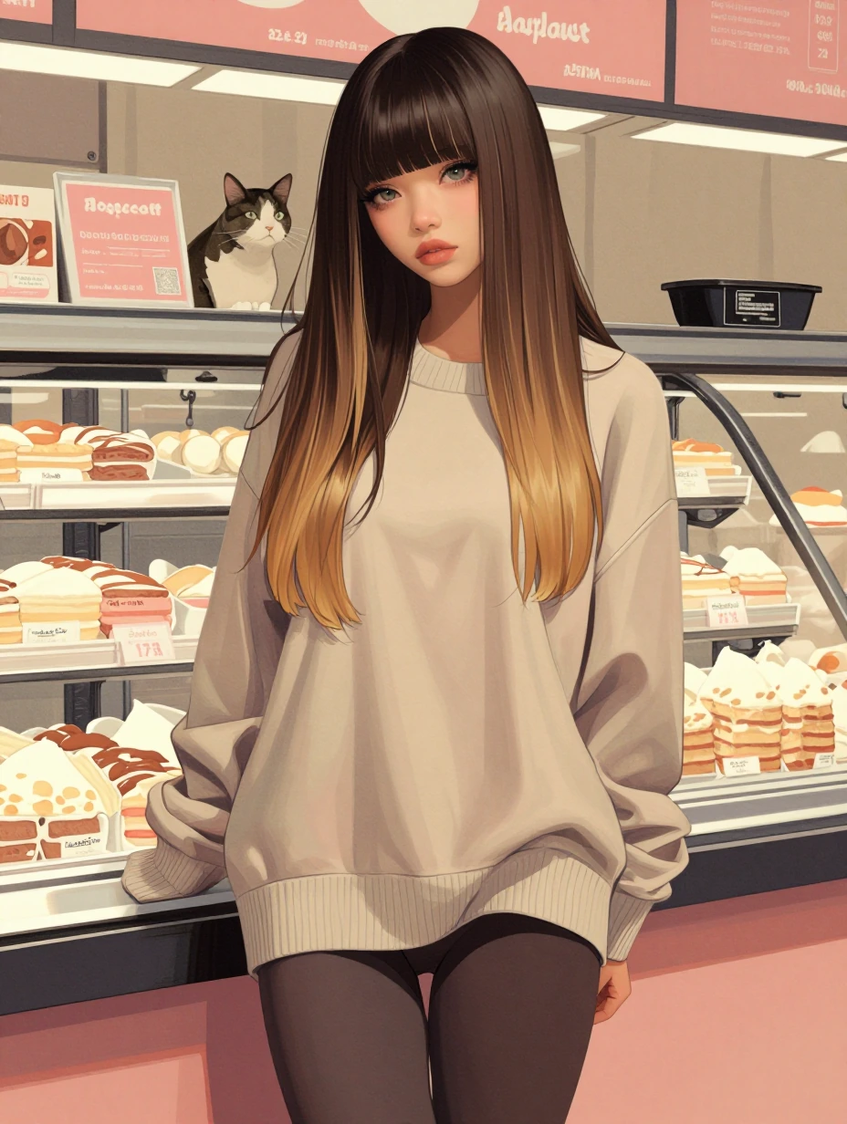 A beautiful woman with long straight ombre hair with bangs in earthy colors, at a deli with a cat, watercolor manga style, beautiful pose. Oversized sweater and leggings.