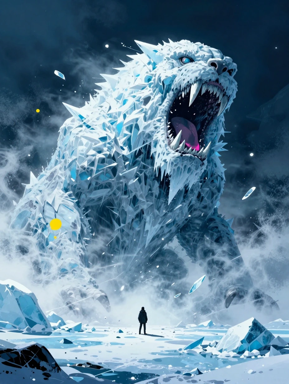 low-angle wide shot of a colossal ice monster rising violently from a frozen sea, centered composition. Massive jagged body formed from solid ice and frost, enormous curved fangs exposed, shards of ice breaking apart as it emerges. At its feet, a lon