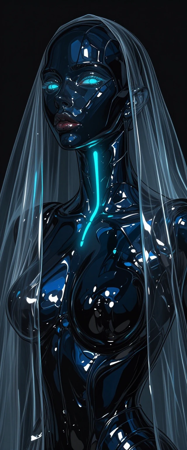 Subject: A sleek, sculptural humanoid figure with a mirror-finish surface of deep iridescent blue-black obsidian. ​Lighting & Internal Detail: The fig