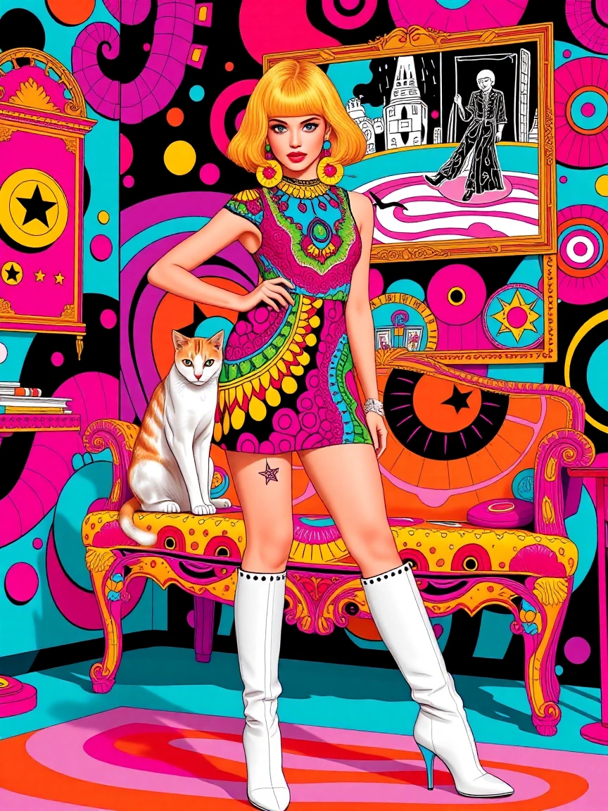 Fashion illustration. 60s style psychedelic miniskirt, white gogo boots short blonde hair, big colorful earrings, psychedelic background psychedelic furniture with a cat.