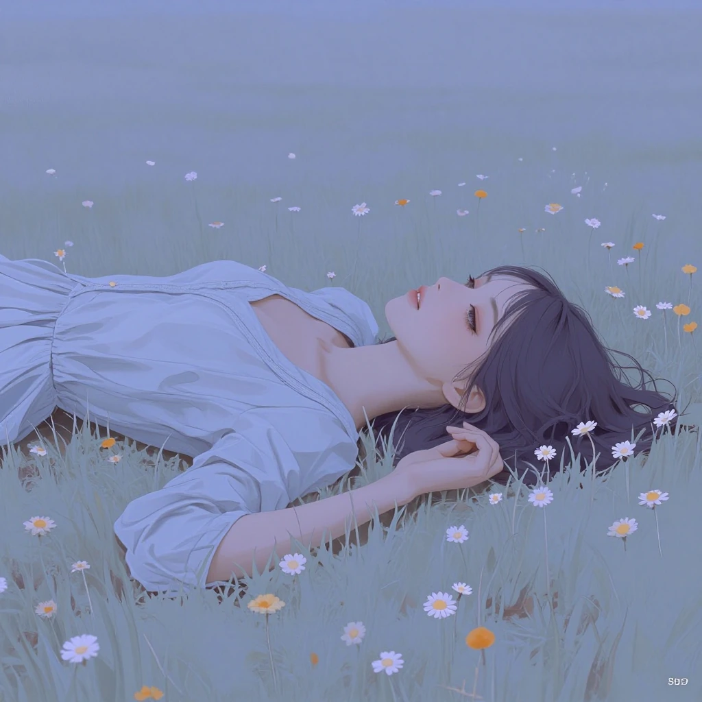 A young woman lies in a field of wildflowers, creating a dreamy, surreal atmosphere. The overall color is a mixture of soft light blue and purple, creating a tranquil, ethereal atmosphere. The illustration style