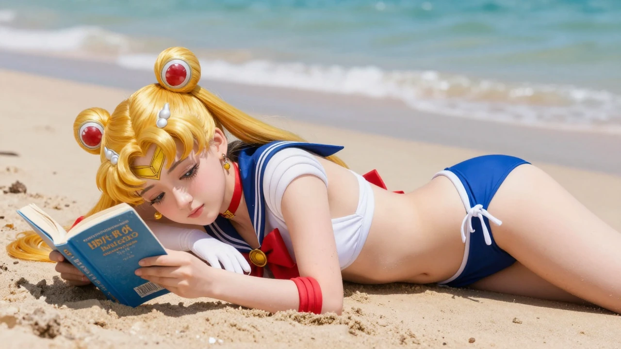 sailor moon bored laying on the beach reading a book, in a bikini