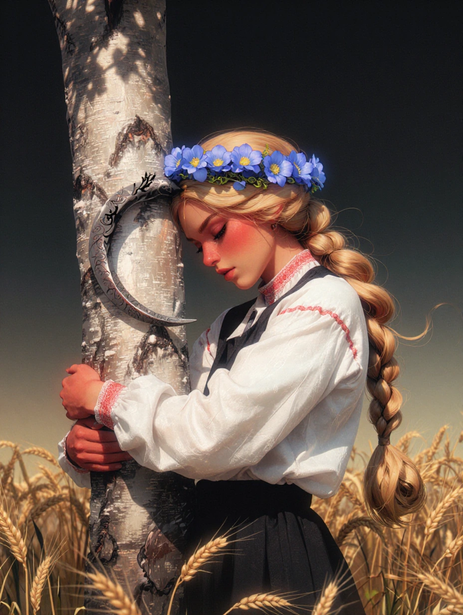 Waldemar, 1girl, solo, hug tree, birch tree, blonde hair, blue flower, braid, braided ponytail, crescent moon, field, flower wreath, grass, hair over shoulder, head wreath, holding sickle, long braid, long hair, moon, outdoors, single braid, solo, ta