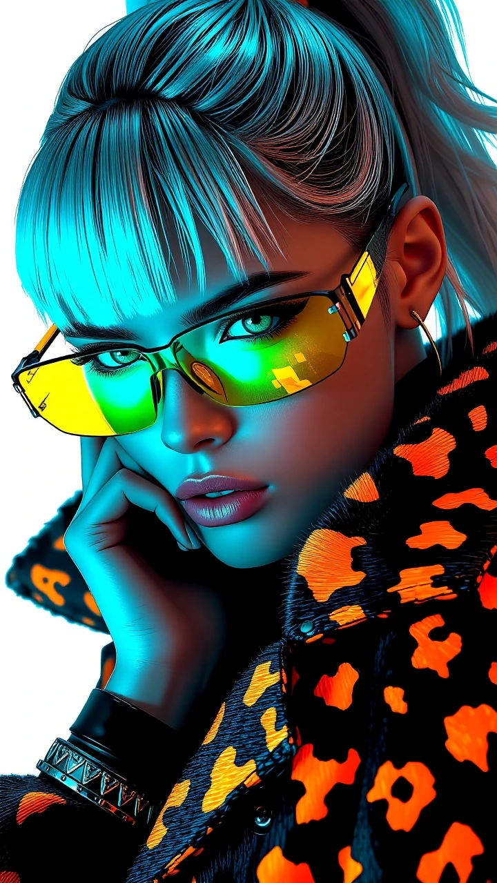 close-up fashion portrait, beautiful woman, dynamic 3/4 angle, platinum blonde high-gloss bubble ponytail, blunt fringe. metallic silver eyeshadow, cut crease, winged liner, ice-blue eyes behind yellow-tinted shield sunglasses. nude glossy lips, glas