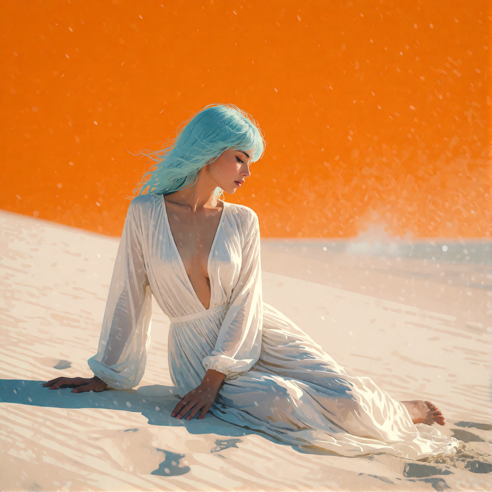 dark fantasy 80s woman sitting dessert flat white sand with flowing white dress on, she has powder blue hair and the background is orange, but faded,