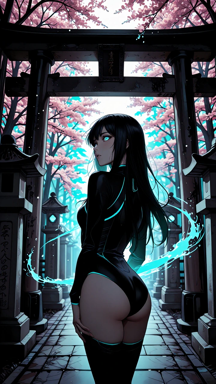 A woman with long black hair and teal eyes stands within a torii gate suffused with neon light, wearing a black bodysuit trimmed in teal. Cherry blossoms dissolve into cyan particle trails around her. Traditional temple stone and holographic geometry