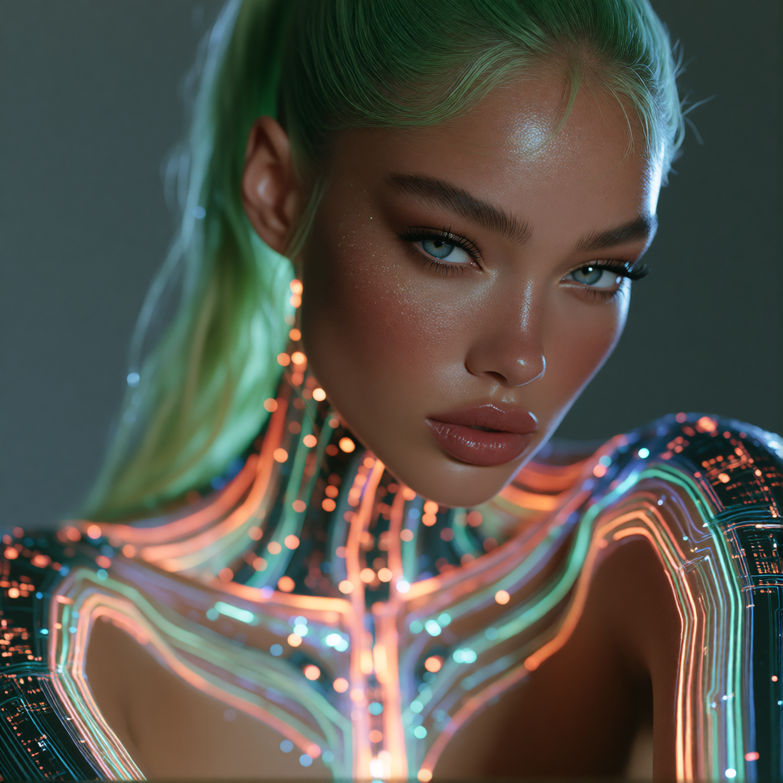 A striking portrait of a woman with deep, rich dark skin and sharp, refined Caucasian facial features, characterized by high cheekbones and a defined 