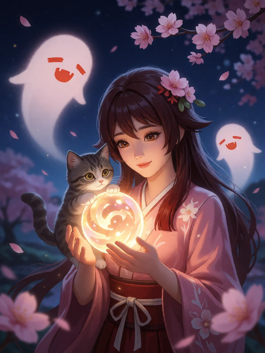 beautiful nighttime scene, woman with a beautiful glowing artifact, kitten, ghosts, huge glitches, cherry blossoms