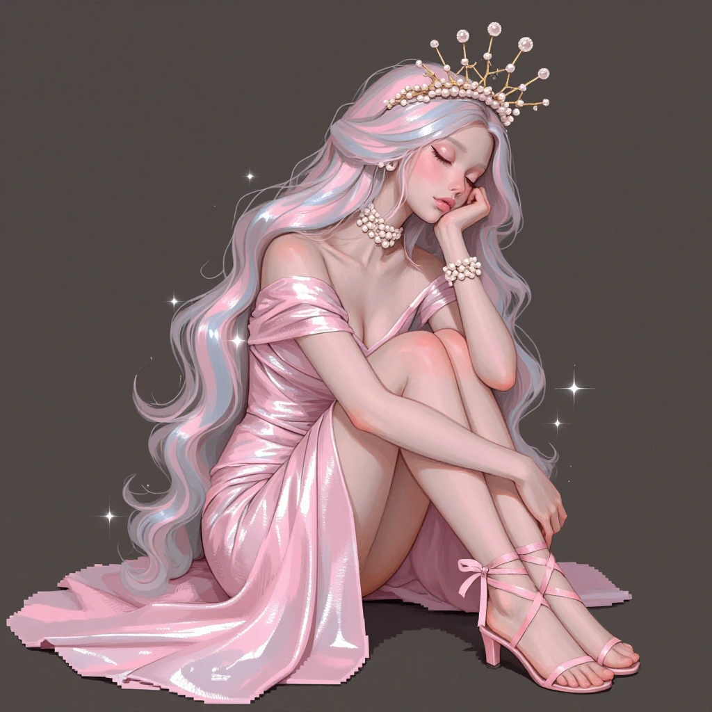 Create an image of a beautiful female with long, flowing light pink and silver tinted hair styled elegantly, wearing a shimmering pink gown with off s