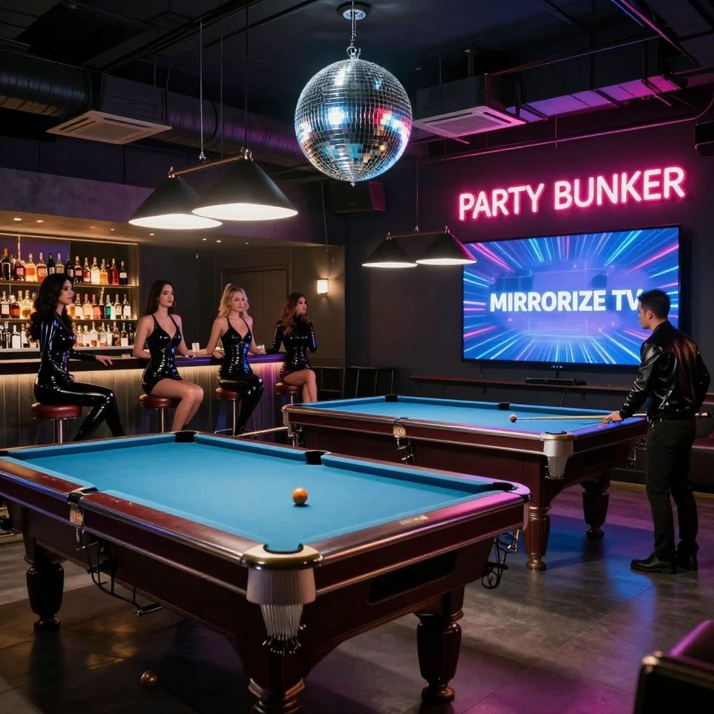 world war 3 bunker, side profile view, looking like a party room with a snooker table, a jacuzzi, a large big screen television, a disco ball hanging 