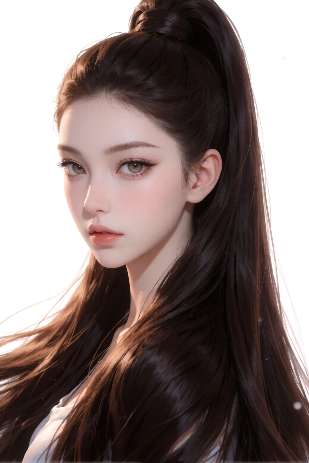 A young woman with ethereal fair skin, sharp elegant features, and extremely long flowing brunette hair pulled into a high sleek ponytail